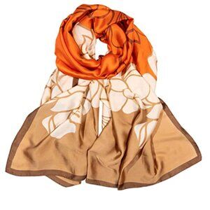 Beautiful & Soft Silk Feeling Orange Floral Scarf Wrap